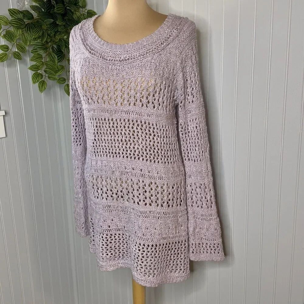 BCBG MaxAzria Sz XL Sweater Dress Crochet Knit Long Sleeve Boho Lavender Lilac - Picture 4 of 13